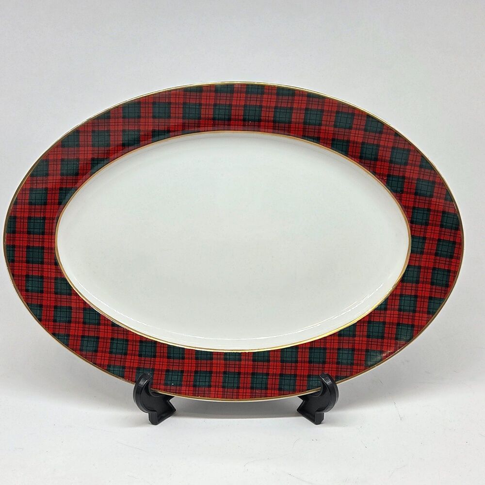 Horchow "GOLD TARTAN" Red Plaid 14 1/2" X 10 1/4" Oval Platter VGC